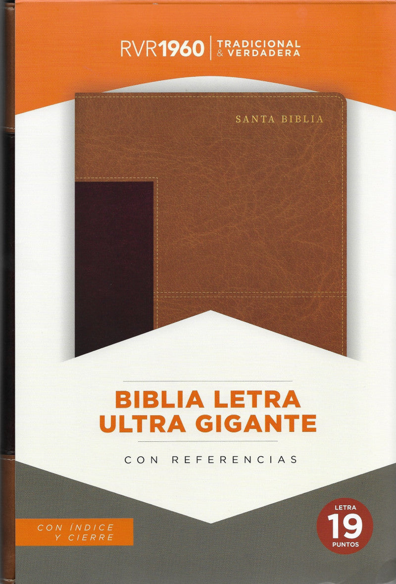 Biblia RVR 1960 Letra Ultra Super Gigante 19 Puntos Piel Marron Duotone Con Cierre y Indice